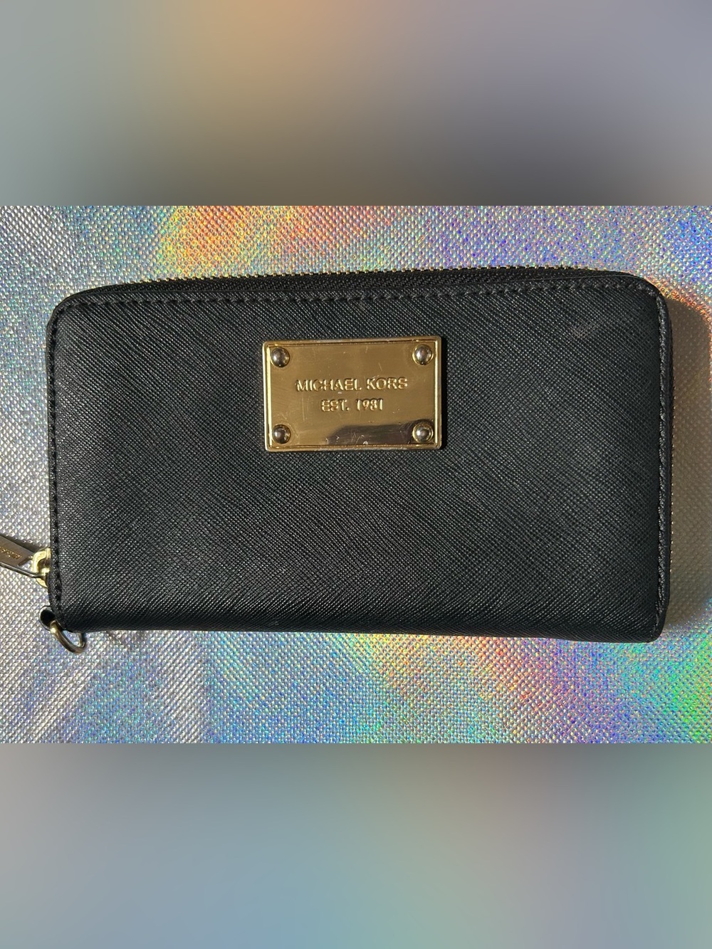 Michael Kors Black Saffiano Wallet with Gold Nameplate